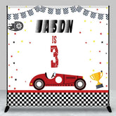 Aperturee Aperturee Custom Third Birthday Race Car Backdrop Vintage Red Car and Checkered Flag Personalized Boys Racing Party Decor